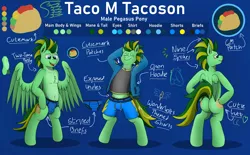 Size: 7500x4659 | Tagged: suggestive, artist:tacomytaco, derpibooru import, oc, oc:taco.m.tacoson, unofficial characters only, anthro, pegasus, unguligrade anthro, belly button, bipedal, both cutie marks, briefs, butt, chest fluff, clothes, eyes closed, hoodie, image, male, midriff, open clothes, plot, png, reference sheet, shorts, smiling, solo, solo male, spread wings, striped underwear, text, underwear, wings