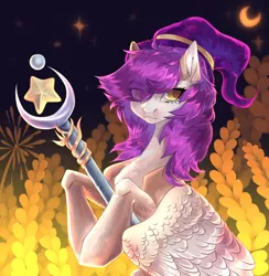Size: 1280x1313 | Tagged: safe, artist:meggychocolatka, derpibooru import, oc, unofficial characters only, pegasus, pony, crescent moon, eye clipping through hair, eyelashes, female, food, hat, image, jpeg, mare, moon, outdoors, pegasus oc, scepter, solo, stars, wheat, wings, witch hat