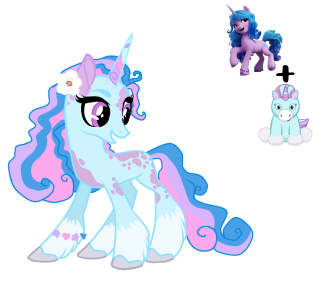 Size: 1941x1820 | Tagged: safe, artist:themessyfangirl, artist:vernorexia, derpibooru import, izzy moonbow, oc, clydesdale, pony, unicorn, adoptable, base used, blue coat, bracelet, coat markings, colored horn, curly mane, dappled, female, flower, flower in hair, fusion, g5, g5 concept leak style, horn, image, jewelry, mare, multicolored horn, multicolored mane, png, purple eyes, simple background, solo, spots, transparent background, unshorn fetlocks