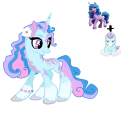 Size: 1941x1820 | Tagged: safe, artist:themessyfangirl, artist:vernorexia, derpibooru import, izzy moonbow, oc, clydesdale, pony, unicorn, adoptable, base used, blue coat, bracelet, coat markings, colored horn, curly mane, dappled, female, flower, flower in hair, fusion, g5, g5 concept leak style, horn, image, jewelry, mare, multicolored horn, multicolored mane, png, purple eyes, simple background, solo, spots, transparent background, unshorn fetlocks