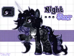 Size: 2123x1600 | Tagged: safe, artist:henorinya, derpibooru import, oc, oc:night star, unofficial characters only, pony, unicorn, base used, ethereal mane, eyelashes, female, hoof polish, horn, image, mare, png, raised hoof, reference sheet, smiling, solo, starry mane, unicorn oc