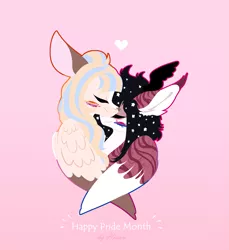 Size: 1833x2000 | Tagged: safe, artist:henorinya, derpibooru import, oc, unofficial characters only, pegasus, pony, ear fluff, eyelashes, eyes closed, female, hug, image, lesbian, mare, oc x oc, pegasus oc, pink background, png, shipping, simple background, smiling, wings