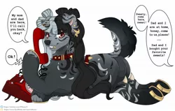 Size: 2048x1301 | Tagged: safe, artist:elberas, derpibooru import, oc, unofficial characters only, dog, dog pony, original species, pony, chest fluff, collar, dialogue, ear piercing, earring, featureless crotch, female, floppy ears, hoof hold, hoof polish, image, jewelry, jpeg, lying down, mare, offscreen character, phone, piercing, prone, raised hoof, raised tail, simple background, smiling, solo, tail, white background