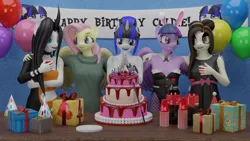Size: 3840x2160 | Tagged: suggestive, artist:citizenwolf, derpibooru import, fluttershy, twilight sparkle, oc, oc:coldlight bluestar, oc:culpa, anthro, balloon, banner, birthday, bottle, bunny ears, bunny girl, cake, clothes, cup, dress, drink, food, gift art, hat, image, knife, paper plate, party, party hat, png, present, soda, sweater, table