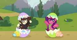 Size: 3431x1767 | Tagged: safe, artist:darbypop1, derpibooru import, oc, oc:alyssa rice, oc:darby, unofficial characters only, alicorn, pony, clothes, easter egg, female, glasses, image, mare, png, scarf