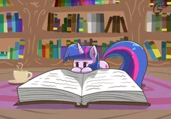 Size: 1280x896 | Tagged: safe, artist:genericmlp, derpibooru import, twilight sparkle, pony, book, coffee cup, cup, image, jpeg, micro, solo