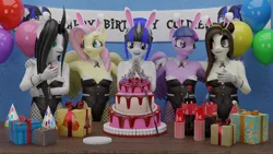 Size: 3840x2160 | Tagged: suggestive, artist:citizenwolf, derpibooru import, fluttershy, twilight sparkle, oc, oc:coldlight bluestar, oc:culpa, balloon, banner, birthday, bottle, bunny ears, bunny girl, cake, clothes, cup, dress, drink, food, gift art, hat, image, knife, paper plate, party, party hat, png, present, soda, sweater, table