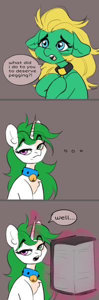 Size: 927x2815 | Tagged: safe, artist:sugarstar, derpibooru import, oc, oc:professor sugarcube, oc:sugarstar, earth pony, pony, unicorn, bell, bell collar, collar, comic, female, heterochromia, image, mare, png