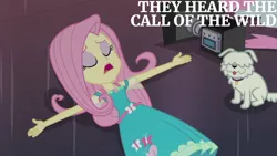 Size: 1280x720 | Tagged: safe, derpibooru import, edit, edited screencap, editor:quoterific, screencap, fluttershy, equestria girls, equestria girls series, outtakes (episode), clothes, cutie mark, cutie mark on clothes, eyes closed, female, geode of fauna, image, jewelry, jpeg, lying down, magical geodes, necklace, open mouth, text, video camera