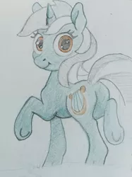 Size: 599x800 | Tagged: safe, artist:ponsce, derpibooru import, lyra heartstrings, pony, unicorn, image, jpeg, looking at you, looking back, looking back at you, solo, traditional art