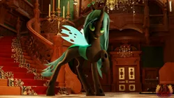 Size: 3840x2160 | Tagged: safe, artist:loveslove, derpibooru import, queen chrysalis, changeling, changeling queen, 3d, blender, candle, carpet, castle, female, high res, horn, image, jpeg, looking at you, mansion, not sfm, raised hoof, red carpet, smiling, solo, stairs, wings