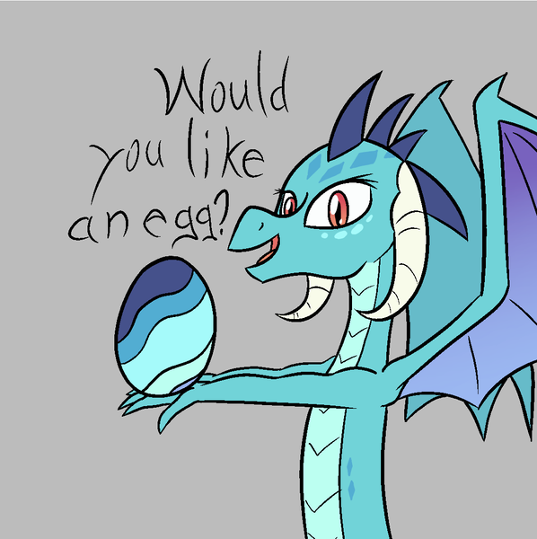 Size: 1080x1083 | Tagged: safe, artist:happy harvey, derpibooru import, princess ember, dragon, dialogue, drawn on phone, drawthread, egg, gray background, holding, image, looking at you, offering, png, simple background, spread wings, wings