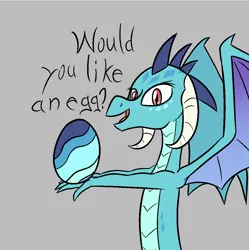Size: 1080x1083 | Tagged: safe, artist:happy harvey, derpibooru import, princess ember, dragon, dialogue, drawn on phone, drawthread, egg, gray background, holding, image, looking at you, offering, png, simple background, spread wings, wings