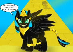 Size: 5760x4154 | Tagged: safe, artist:damlanil, derpibooru import, oc, oc:nightlight aura, pony, sphinx, comic, commission, crown, egyptian, egyptian headdress, evil grin, female, grin, image, implied transformation, jewelry, makeup, mare, mascara, necklace, png, regalia, sharp teeth, show accurate, smiling, solo, species swap, speech bubble, sphinxified, spread wings, story, story included, teeth, text, vector, wings