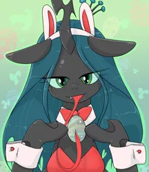 Size: 1280x1480 | Tagged: safe, artist:batipin, derpibooru import, queen chrysalis, changeling, changeling queen, bedroom eyes, bunny suit, clothes, cuffs (clothes), easter egg, egg, eye clipping through hair, female, image, long tongue, looking at you, png, tongue out