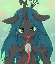 Size: 1280x1480 | Tagged: safe, alternate version, artist:batipin, derpibooru import, queen chrysalis, changeling, changeling queen, bedroom eyes, easter egg, egg, eye clipping through hair, female, image, long tongue, looking at you, png, tongue out