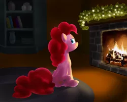 Size: 1881x1522 | Tagged: safe, artist:andergrin, pinkie pie, earth pony, pony, fairy lights, female, fire, fireplace, hearth's warming eve, image, jpeg, looking back, mare, rug, sitting, solo