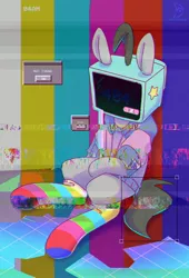 Size: 1392x2048 | Tagged: safe, artist:musicfirewind, derpibooru import, oc, oc:mono, unofficial characters only, earth pony, pony, aesthetics, clothes, error, glitch, image, jpeg, sitting, socks, solo, static, striped socks, television