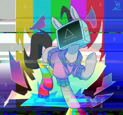 Size: 2636x2480 | Tagged: safe, artist:musicfirewind, derpibooru import, oc, oc:mono, unofficial characters only, earth pony, pony, aesthetics, clothes, error, glitch, image, jpeg, socks, solo, striped socks, television