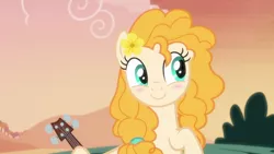 Size: 1280x720 | Tagged: safe, derpibooru import, screencap, pear butter, earth pony, pony, season 7, the perfect pear, blushing, cute, female, guitar, image, implied bright mac, mare, musical instrument, pearabetes, png, smiling, solo