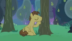 Size: 1280x720 | Tagged: safe, derpibooru import, screencap, grand pear, earth pony, pony, the perfect pear, animated, cargo ship, food, image, kissing, male, orchard, pear, pear orchard, pear tree, png, shipping, solo, stallion, tree