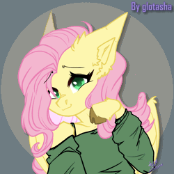 Size: 1080x1080 | Tagged: safe, artist:glotasha, derpibooru import, fluttershy, pegasus, pony, animated, auction, bashful, blinking, blushing, clothes, commission, cute, gif, heart, hooves, image, looking at you, looking sideways, shy, smiling, solo, top, ych animation, ych example, your character here