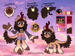 Size: 2310x1747 | Tagged: safe, artist:dannonhynha, derpibooru import, oc, anthro, kirin, clothes, curly hair, cute, drawn on phone, image, jpeg, kirin oc, looking at you, pastel, ponysona, potoo, potoobird, reference, reference sheet, sky, smiling, solo, sunset