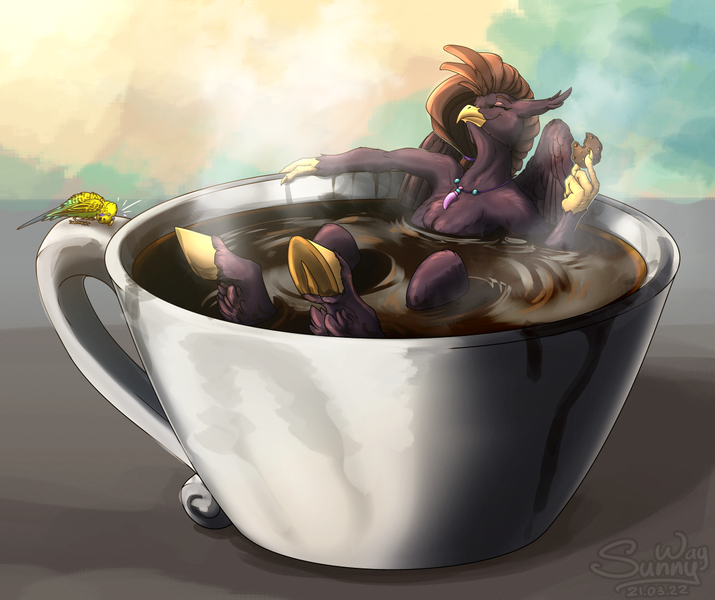 Size: 1200x1007 | Tagged: safe, artist:sunny way, derpibooru import, oc, unofficial characters only, bird, hippogriff, parrot, art, artwork, big, budgie, chill, coffee, cookie, cup, digital art, feather, female, feral, food, happy, hot, hot coffee, image, my little pony, patreon, patreon reward, patreonreward, png, relaxing, small, solo, solo female