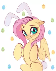 Size: 1713x2186 | Tagged: safe, artist:vetta, derpibooru import, fluttershy, pegasus, pony, blushing, bunny ears, bunny tail, image, looking at you, png, smiling, solo, tail