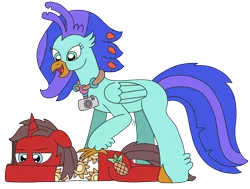 Size: 2938x2227 | Tagged: safe, artist:supahdonarudo, derpibooru import, oc, oc:ironyoshi, oc:sea lilly, unofficial characters only, classical hippogriff, hippogriff, unicorn, annoyed, camera, clothes, image, jewelry, looking down, lying down, necklace, png, prone, redraw, shirt, simple background, transparent background