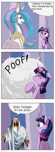 Size: 500x1363 | Tagged: safe, artist:otakuap, derpibooru import, edit, princess celestia, twilight sparkle, twilight sparkle (alicorn), alicorn, pony, 3 panel comic, blasphemy, celestia's true form, comic, exploitable meme, female, forced meme, heresy, image, jesus christ, jpeg, mare, meme, op is a duck