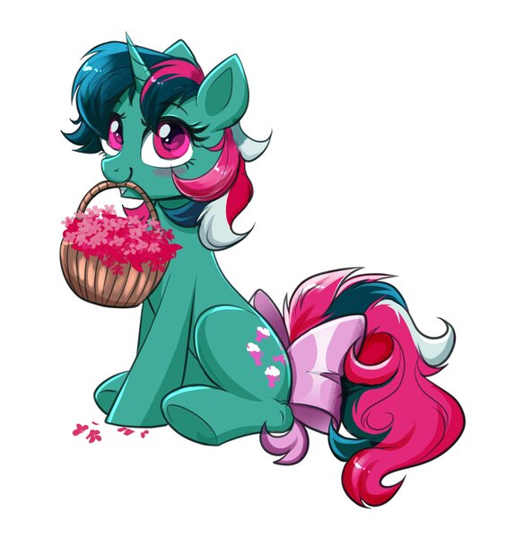 Size: 3366x3517 | Tagged: safe, artist:confetticakez, derpibooru import, fizzy, pony, unicorn, basket, female, g1, g1 to g4, g4, generation leap, image, jpeg, mare, mouth hold, solo