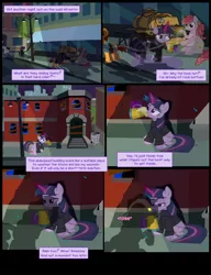 Size: 1042x1358 | Tagged: safe, artist:dendoctor, derpibooru import, mean twilight sparkle, twilight sparkle, twilight sparkle (alicorn), alicorn, earth pony, pony, comic:clone.., alternate universe, cider, clone, clothes, comic, female, glow, glowing horn, horn, image, injured, jpeg, magic, rain, streetlight, telekinesis, trash can