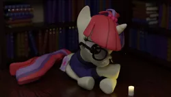 Size: 3840x2160 | Tagged: safe, artist:the luna fan, derpibooru import, moondancer, unicorn, 3d, blender, blender cycles, book, candle, clothes, derpibooru exclusive, glasses, image, looking down, night, png, sweater, twilight sparkle's cutie mark