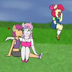 Size: 2048x2048 | Tagged: safe, artist:mintymelody, derpibooru import, apple bloom, scootaloo, sweetie belle, anthro, cutie mark crusaders, disgusted, female, floating heart, heart, image, lesbian, looking at each other, looking at someone, open mouth, png, scootabelle, shipping, sitting on lap, tongue out