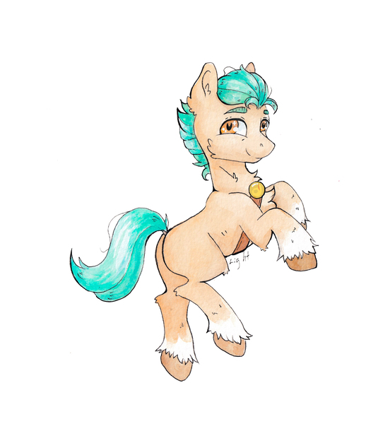 Size: 3786x4249 | Tagged: safe, artist:lightisanasshole, derpibooru import, hitch trailblazer, earth pony, pony, absurd resolution, butt, chest fluff, coat markings, full body, g5, hitchbutt, image, jpeg, looking at you, looking back, looking back at you, male, ok hand sign, plot, signature, simple background, smiling, smiling at you, socks (coat marking), solo, stallion, traditional art, unshorn fetlocks, watercolor painting, white background, wingding eyes