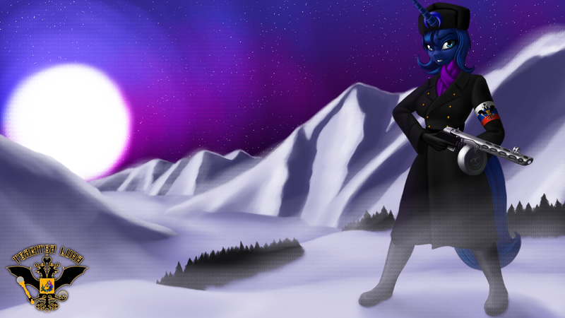 Size: 7680x4320 | Tagged: safe, artist:tsaritsaluna, derpibooru import, princess luna, alicorn, anthro, pony, armband, bipedal, boots, clothes, female, gloves, hat, image, looking at you, mare, moon, mountain, png, ppsh-41, russia, scarf, shoes, snow, solo, standing, tree, uniform, ushanka