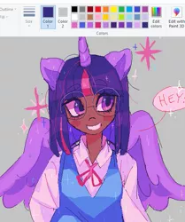 Size: 519x622 | Tagged: safe, artist:mercysstrap, derpibooru import, twilight sparkle, twilight sparkle (alicorn), alicorn, human, clothes, dark skin, eared humanization, eyebrows, eyebrows visible through hair, glasses, gray background, horn, horned humanization, humanized, image, jpeg, ms paint, round glasses, shirt, simple background, smiling, solo, vest, winged humanization, wings