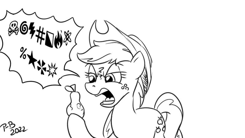 Size: 1200x675 | Tagged: safe, artist:pony-berserker, derpibooru import, applejack, earth pony, pony, black and white, censored, censored vulgarity, female, food, fruit heresy, grawlixes, grayscale, image, jpeg, lineart, mare, monochrome, pear, pony-berserker's twitter sketches, pony-berserker's twitter sketches (2022), simple background, swearing, that pony sure does hate pears, vulgar, white background