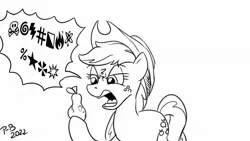 Size: 1200x675 | Tagged: safe, artist:pony-berserker, derpibooru import, applejack, earth pony, pony, black and white, censored, censored vulgarity, female, food, fruit heresy, grawlixes, grayscale, image, jpeg, lineart, mare, monochrome, pear, pony-berserker's twitter sketches, pony-berserker's twitter sketches (2022), simple background, swearing, that pony sure does hate pears, vulgar, white background