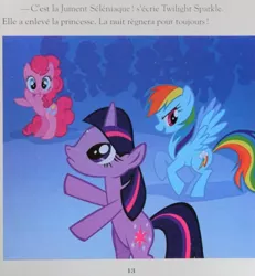 Size: 937x1012 | Tagged: safe, derpibooru import, official, pinkie pie, rainbow dash, twilight sparkle, earth pony, pegasus, pony, unicorn, :o, bipedal, book, cursed, cursed image, french, g4, image, jpeg, open mouth, text, twilight is a lion, wat, weird