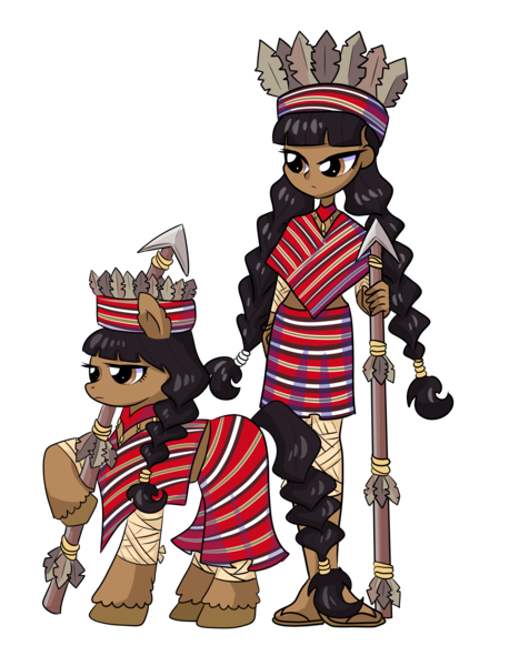 Size: 3111x4000 | Tagged: safe, artist:wenraz, derpibooru import, oc, oc:ligaya, unofficial characters only, earth pony, pony, equestria girls, bandage, barefoot, clothes, duality, equestria girls-ified, feather, feet, female, filipino, hat, human ponidox, image, midriff, philippines, png, poncho, raised hoof, sandals, self paradox, self ponidox, simple background, skirt, solo, spear, transparent background, unshorn fetlocks, weapon