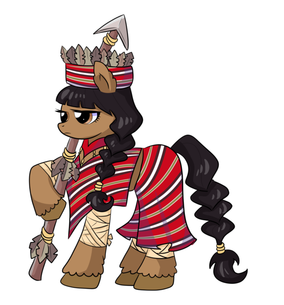 Size: 3723x4000 | Tagged: safe, artist:wenraz, derpibooru import, oc, oc:ligaya, unofficial characters only, earth pony, pony, bandage, clothes, derpibooru exclusive, feather, female, filipino, hat, image, mare, midriff, philippines, png, poncho, raised hoof, simple background, skirt, solo, spear, transparent background, unshorn fetlocks, weapon