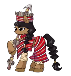 Size: 3723x4000 | Tagged: safe, artist:wenraz, derpibooru import, oc, oc:ligaya, unofficial characters only, earth pony, pony, bandage, clothes, derpibooru exclusive, feather, female, filipino, hat, image, mare, midriff, philippines, png, poncho, raised hoof, simple background, skirt, solo, spear, transparent background, unshorn fetlocks, weapon