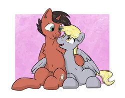 Size: 2012x1586 | Tagged: safe, artist:single purpose, derpibooru import, derpy hooves, oc, pony, unicorn, belly button, canon x oc, cuddling, cutie mark, female, hug, image, looking at each other, looking at someone, male, mare, png, shipping, simple background, sitting, stallion, winghug, wings