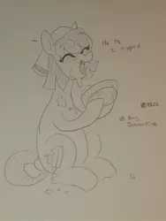 Size: 1536x2048 | Tagged: safe, artist:pony quarantine, derpibooru import, oc, oc:marzipan, unofficial characters only, earth pony, pony, bowl, eyes closed, female, food, grayscale, image, jpeg, mare, messy, monochrome, open mouth, open smile, pencil drawing, sitting, smiling, solo, traditional art