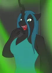 Size: 595x842 | Tagged: safe, artist:afhybrid, derpibooru import, queen chrysalis, anthro, changeling, changeling queen, clothes, dress, evil laugh, female, image, jpeg, laughing, noblewoman's laugh, open mouth, solo