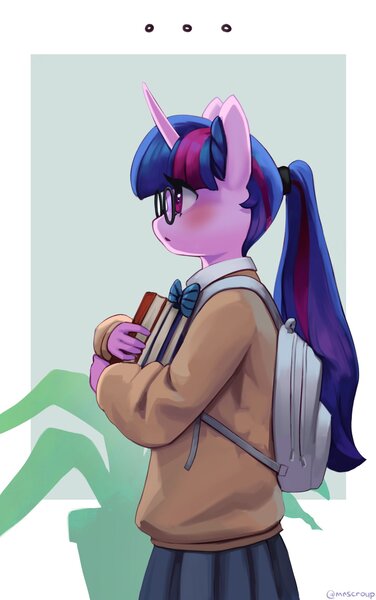 Size: 1283x2048 | Tagged: safe, artist:mrscroup, derpibooru import, twilight sparkle, anthro, unicorn, backpack, blushing, book, clothes, female, glasses, image, jpeg, ponytail, round glasses, side view, skirt, solo