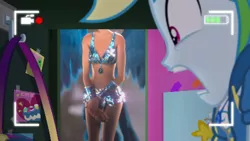 Size: 3416x1920 | Tagged: safe, derpibooru import, edit, edited screencap, editor:itsmgh1203, screencap, rainbow dash, human, do it for the ponygram!, equestria girls, equestria girls series, spoiler:eqg series (season 2), belly button, bra, breasts, camera shot, cleavage, clothes, cutie mark, cutie mark on clothes, female, geode of super speed, hoodie, image, jewelry, jpeg, linda (rio), lockers, magical geodes, necklace, open mouth, rainbow dash's prank fail, rio (movie), sleeveless, underwear