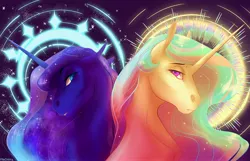 Size: 4096x2633 | Tagged: safe, artist:finchina, derpibooru import, princess celestia, princess luna, alicorn, pony, bust, duo, female, floppy ears, hoers, image, jpeg, mare, moon, portrait, royal sisters, siblings, signature, sisters, stars, sun